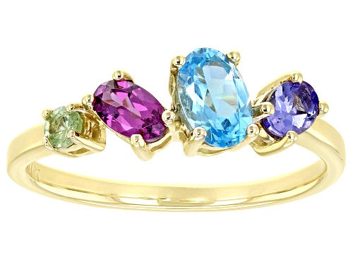 .94ctw Swiss Blue Topaz,Tanzanite, Rhodolite & Mint Tsavorite Garnet 14k Yellow Gold 4-Stone Ring - Size 7