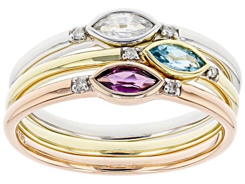 0.45ctw Swiss Blue Topaz, Rhodolite Garnet, White Zircon, And Diamond 10k Gold Ring Set Of 3 - Size 7