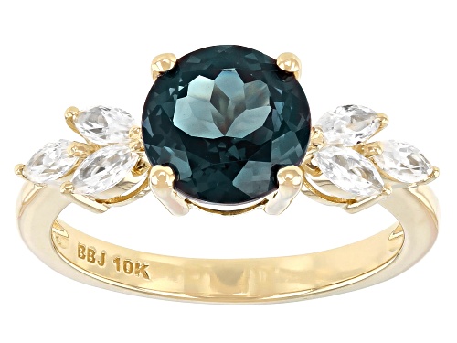 Photo of 1.96ct Round Lab Created Alexandrite With .49ctw Marquise White Zircon 10k Yellow Gold Ring - Size 9
