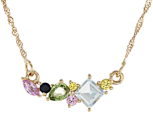 0.21ctw Mixed Shapes Aquamarine And 0.41ctw Multi Color Sapphire 10k Yellow Gold 18" Necklace - Size 18