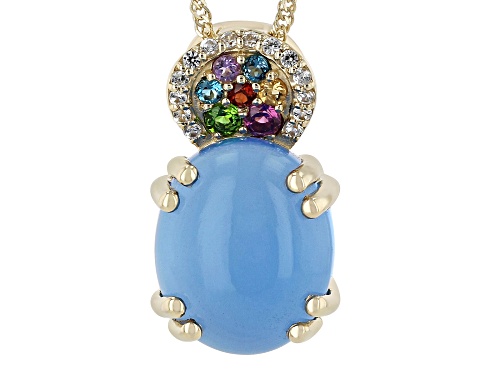 12x10mm Oval Cabochon Blue Chalcedony With 0.31ctw Multi-Gems 10k Yellow Gold Pendant With Chain