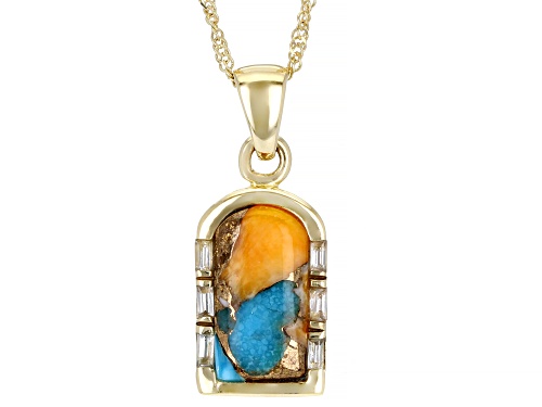 Photo of Free-Form Turquoise And Spiny Oyster Shell With 1.20ctw White Zircon 10k Yellow Gold Pendant Chain