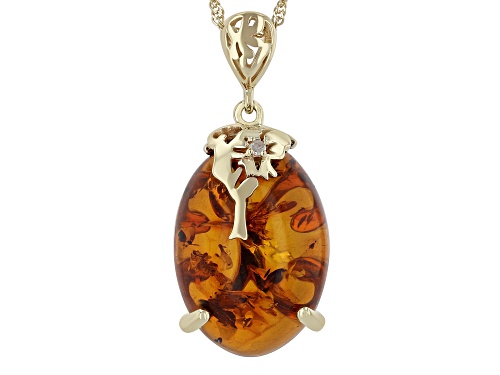 18x13mm Amber With 0.01ct White Diamond 10k Yellow Gold Pendant With Chain