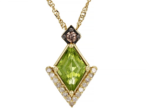 1.16ct Rhombus Peridot with Champagne & White Diamonds 10k Gold Pendant