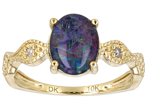 9x7mm Australian Opal Triplet And 0.05ctw White Diamond 10k Yellow Gold Ring - Size 6