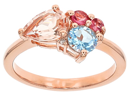 1.40ctw Cor-De-Rosa™ Morganite, Aquamarine, Pink Tourmaline And White Diamond 10k Rose Gold Ring - Size 6
