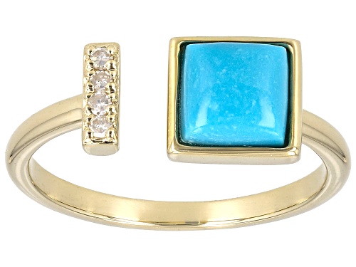 6x6mm Sleeping Beauty Turquoise And 0.03ctw White Diamond 10k Yellow Gold Cuff Ring - Size 8