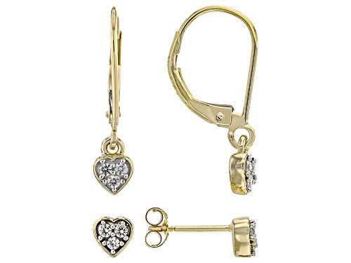 0.27ctw White Zircon 10k Yellow Gold Heart Dangle And Stud Earring Set Of 2