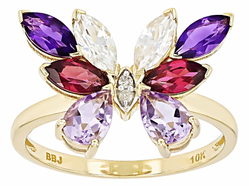2.01ctw Pink Amethyst, African Amethyst, Rhodolite, Zircon And White Diamond 10k Gold Butterfly Ring - Size 8
