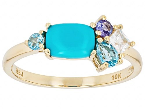 7x5mm Sleeping Beauty Turquoise, 0.48ctw Tanzanite, Swiss Blue Topaz, Zircon 10k Yellow Gold Ring - Size 8