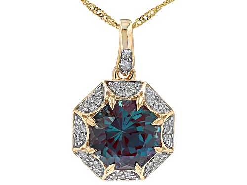 3.00ct Lab Alexandrite And 0.18ctw White Diamond 10k Yellow Gold Vintage Inspired Pendant With Chain