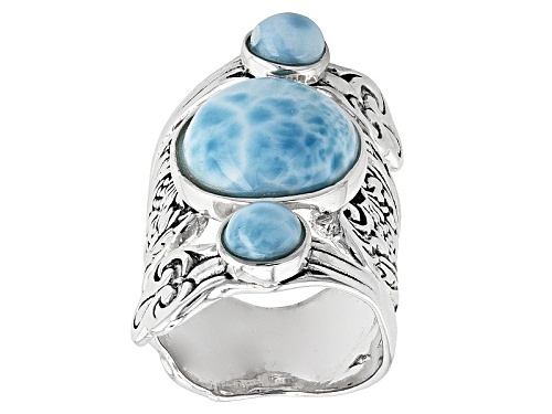 5mm And 12mm Round Larimar Sterling Silver Three Stone Ring - Size 5