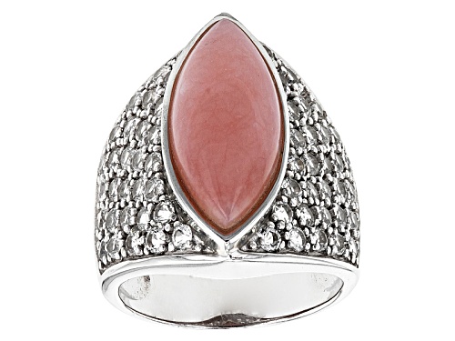 20x10mm Marquise Peruvian Pink Opal With 2.20ctw Round White Topaz Sterling Silver Ring - Size 5