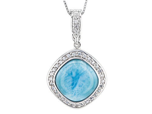 15mm Square Cushion Larimar With .71ctw White Zircon Rhodium Over Silver Enhancer With Chain