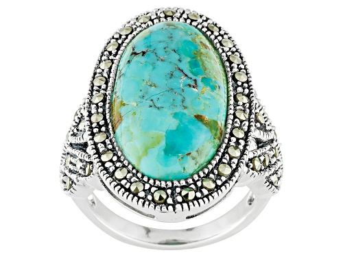 Oval Cabochon Turquoise With Marcasite Sterling Silver Ring - Size 5
