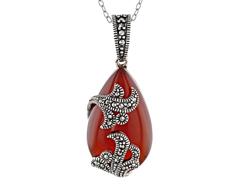 Photo of Pear Shape Red Agate With Round Marcasite Sterling Silver Enhancer With Chain
