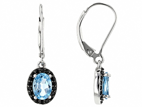 1.7ctw oval Swiss blue topaz with .29ctw round black spinel rhodium over silver dangle earrings