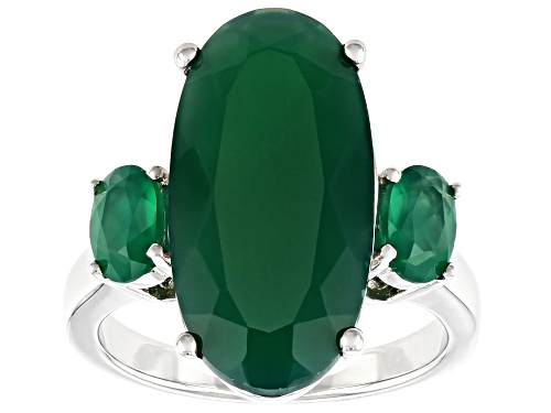 20x10mm and 6x4mm oval green onyx rhodium over sterling silver 3-stone ring - Size 7