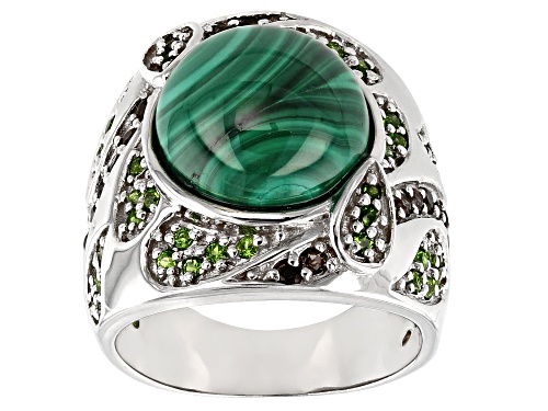 Photo of 12mm Round Malachite W/ .77ctw Chrome Diopside & Smoky Quartz Rhodium Over Sterling Silver Ring - Size 8