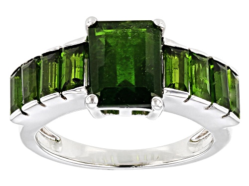 3.41ctw Emerald Cut & Baguette Russian Chrome Diopside Rhodium Over Sterling Silver Ring - Size 7