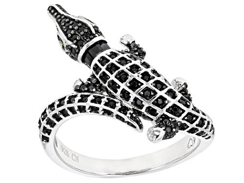.77ctw Round & Baguette Black Spinel with .02ctw Chrome Diopside Rhodium Over Silver Alligator Ring - Size 9