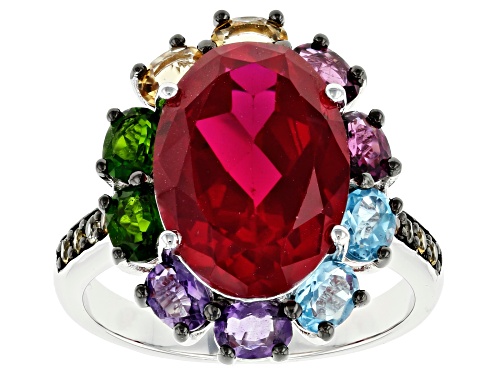 Photo of 5.49ct Oval Lab Created Ruby & 1.63ctw Multi-Gemstone Rhodium Over Silver Halo Ring - Size 7