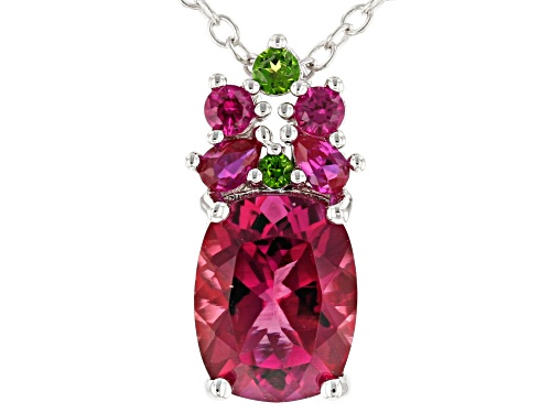 1.63ctw Lab Bixbite, Lab Ruby & Chrome Diopside Rhodium Over Silver Pendant with Chain