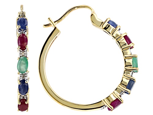 2.60ctw Ruby, Blue Sapphire & Emerald With .05ctw Diamond Accent 18k Gold Over Silver Hoop Earrings