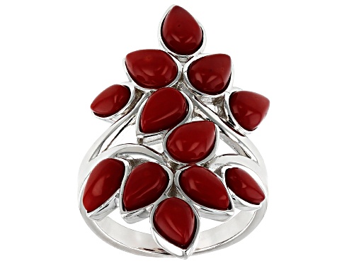 Photo of 6x4mm & 5x3mm Pear Shape Red Coral Rhodium Over Sterling Silver Bypass Ring - Size 7