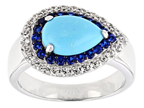 10X7MM SLEEPING BEAUTY TURQUOISE, 1.17CTW LAB BLUE SPINEL AND WHITE ZIRCON RHODIUM OVER SILVER RING - Size 8