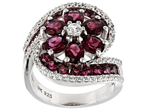 Photo of 3.93ctw Raspberry Color Rhodolite & 1.05ctw Zircon Rhodium Over Silver Flower Bypass Ring - Size 7