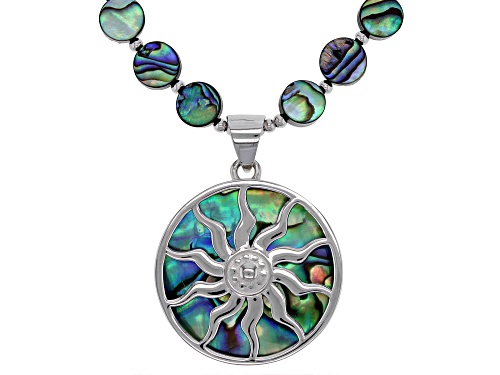 6mm & 28mm Round Abalone Shell Slice, Sun Burst Design Pendant Silver Bead Necklace - Size 20