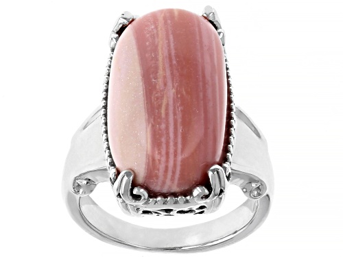 Photo of 20x11mm Rectangular Cushion Pink Mookaite Rhodium Over Sterling Silver Solitaire Ring - Size 7