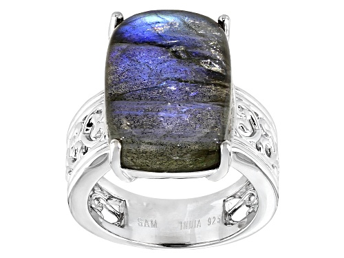 Photo of 18x13mm Rectangular Cushion Labradorite Rhodium Over Sterling Silver Solitaire Ring - Size 7