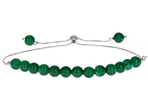 6mm Round Green Onyx Rhodium Over Sterling Silver Bead, Bolo Bracelet Adjusts Approximately 6