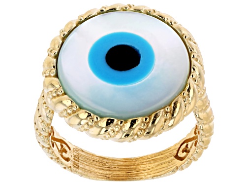 Artisan Collection of Turkey™Mother of Pearl & Multi Resin Evil Eye 18K Yellow Gold Over Silver Ring - Size 7