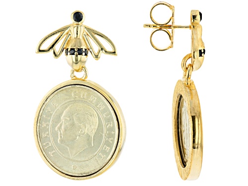 Photo of Artisan Collection Of Turkey™ 0.20ctw Black Spinel & Turkish Coin 18K Gold Over Silver Bee Earrings