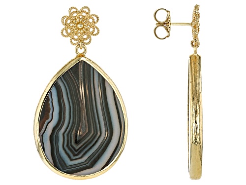 Artisan Collection of Turkey™ 35x25mm Banded Black Agate 18k Yellow Gold Over Silver Earrings