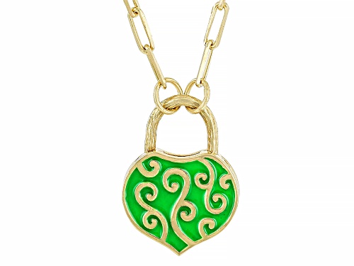 Artisan Collection of Turkey™ Green Enamel 18k Yellow Gold Over Sterling Silver Lock Necklace - Size 18