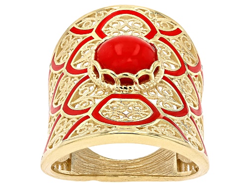 Artisan Collection of Turkey™ 8mm Red Coral & Enamel 18K Gold Over Sterling Silver Ring - Size 6