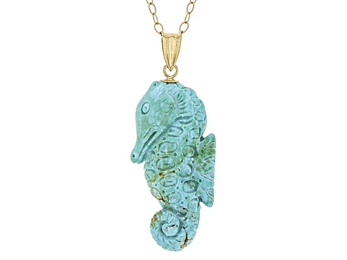 Carved Chilean Turquoise 18k Gold Over Silver Seahorse Pendant W/ Chain