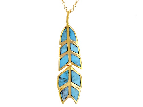 Inlaid Blue Kingman Turquoise 18k Gold Over Silver Feather Pendant With Chain