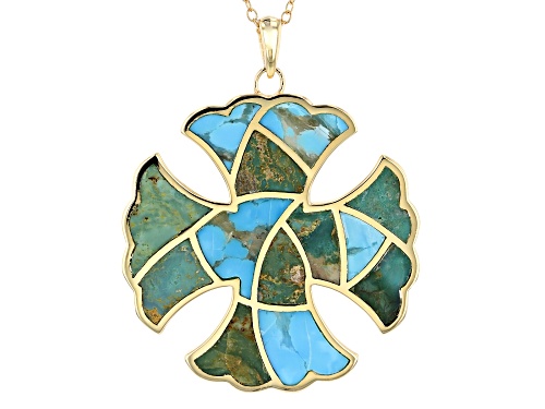 Tehya Oyama Turquoise™ Blue & Green Kingman Turquoise 18K Gold Over Silver Cross Pendant W/Chain
