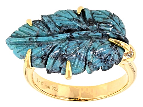 Tehya Oyama Turquoise™ Kingman Turquoise Leaf & .16ct White Topaz 18K Gold Over Silver Ring - Size 7