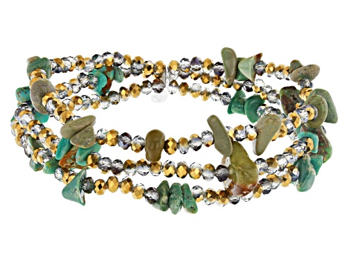 Green Kingman Turquoise Chip & Iridescent Glass Bead Silver Stretch Bracelet