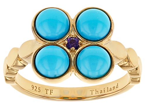 Photo of Sleeping Beauty Turquoise, Amethyst 18k Gold Over Silver Clover Design Ring - Size 9