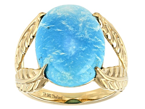 Photo of 12x16mm Sleeping Beauty Turquoise 14k Yellow Gold  Leaf Ring - Size 7
