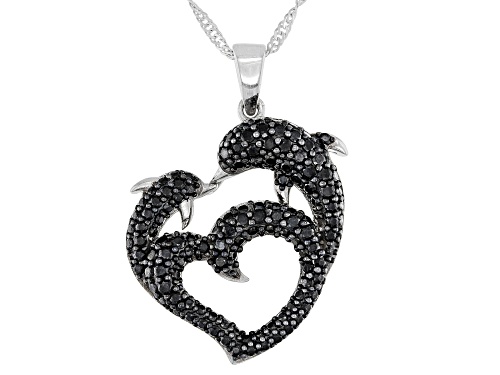 1.83ctw Round Black Spinel Rhodium Over Sterling Silver Dolphins Pendant with Chain