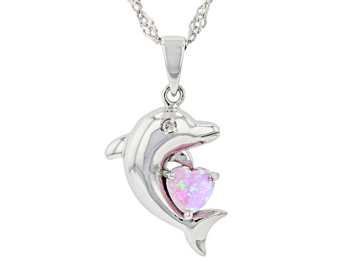 Photo of Lab Created Pink Opal with White Diamond Accent Rhodium Over Silver Dolphin Pendant/Chain