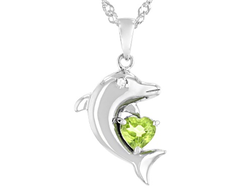 Photo of 0.44ctw Manchurian Peridot™ With White Diamond Accent Rhodium Over Silver Dolphin Pendant/Chain